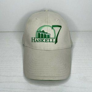 New HASKELL 7 Monmouth Park NJ Tan Adjustable Ball Cap Hat Green Trim and Logo